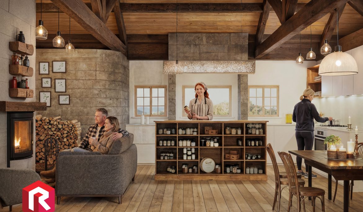 Reception: “3D rendering of rustic Portuguese country hotel reception”